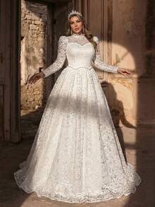 Glamrae Plus Size Elegant Romantic White Splice Skin-Tone Stand Collar Long Sleeve Sheer Lace A-Line Palace Style Bridal Wedding Dress, Valentine's Day - White - View 7