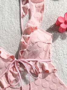 Swim Mod Summer Beach Women's One-Piece Special Towel Fabric Heart Pattern Pink Ruffle Tie-Up Hollow Bikini Swimsuit Pink Swimsuit Ruffle Swimsuit - Pink - View 4