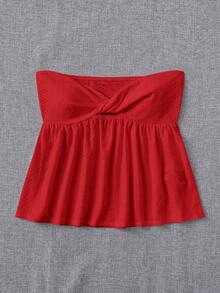 SHEIN EZwear 波希米亞風可愛紅色夏季度假鏤空刺繡扭轉前襟鏤空荷葉邊抹胸上衣，女款無肩帶心形領洋裝上衣 - 紅色 - 查看 3