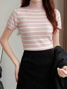 Almamuse 条纹修身圆领短袖休闲针织上衣 - 粉色 - 查看 6