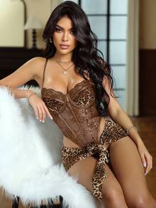 SHEIN 2pcs  Lace Up Bodysuit & Mini Skirt Sexy Set, Going Out Leopard Print Lingerie - Coffee Brown - View 3