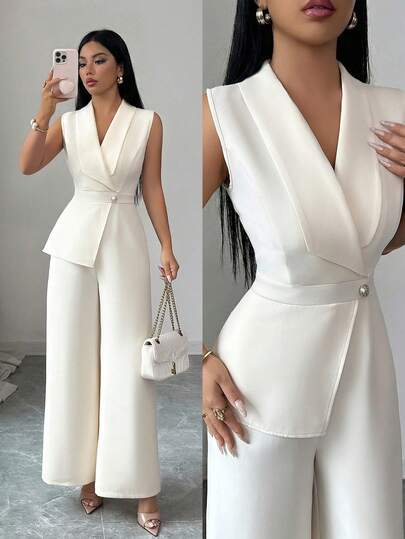 Elenzga Blazer de mujer de tela sólida color albaricoque con cuello en V, diseño de correa para la cintura, elegante y profesional, adecuado para el trabajo, reuniones, maestros, escuela, Día de San Valentín, Día del Trabajo, Pascua, viajes, moda primavera/verano. Mono recto y suelto sin mangas, esencial de moda