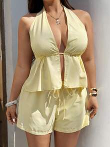 Sunnyshic Plus Size Striped Vest And Shorts 2 Pieces Set, Vacation Style - Multicolor - View 3