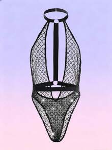 FeverCity 男士性感透视格子网眼水钻装饰镂空露背吊带连体衣