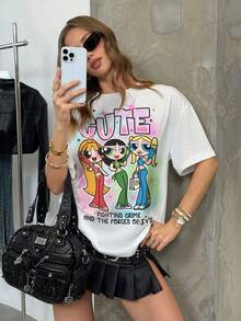 THE POWERPUFF GIRLS X SHEIN Women's Blossom, Bubbles, Buttercup Pattern Round Neck Short Sleeve T-Shirt - White - View 3