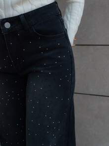 Hitanina 复古性感修身洗水钻缀饰阔腿牛仔裤 牛仔裤 闪光牛仔裤 水钻牛仔裤 - 黑色 - 查看 3