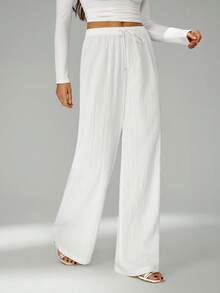 SHEIN Tall Loose Drawstring Waist Trousers In Textured Crinkle Fabric White Wide Leg Pants Women White Linen Pants Women - White - View 5