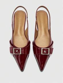 CUCCOO BIZCHIC Pointed Toe Patent Leather Mule Shoes, Suitable For Commuting And French Chic Style, Featuring Metal Buckle Accent For Luxe Touch - Burgundy - View 2