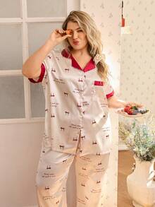 CottageSlumber Conjunto de pijama de seda sintética con estampado de moño y contraste de color en talla grande - Multicolor - Ver 5