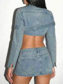 Jeanoix Women's Stand Collar Long Sleeve Zip Front Eyelet Snap Button Design Cropped Denim Jacket - Blue - View 3