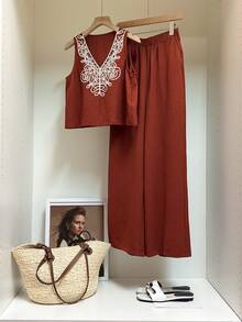 SHEIN Frenchy 2pcs Women's Summer Boho Vacation Holiday Rust Brown Linen Set,Embroidered V-Neck Tank Top And Wide Leg Pants,Casual Comfy Modest Two Piece Outfits - Brown - View 2