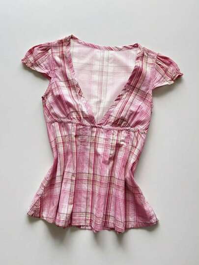 Glimmora V-Neck Cap Sleeve Fitted Plaid Blouse For Women