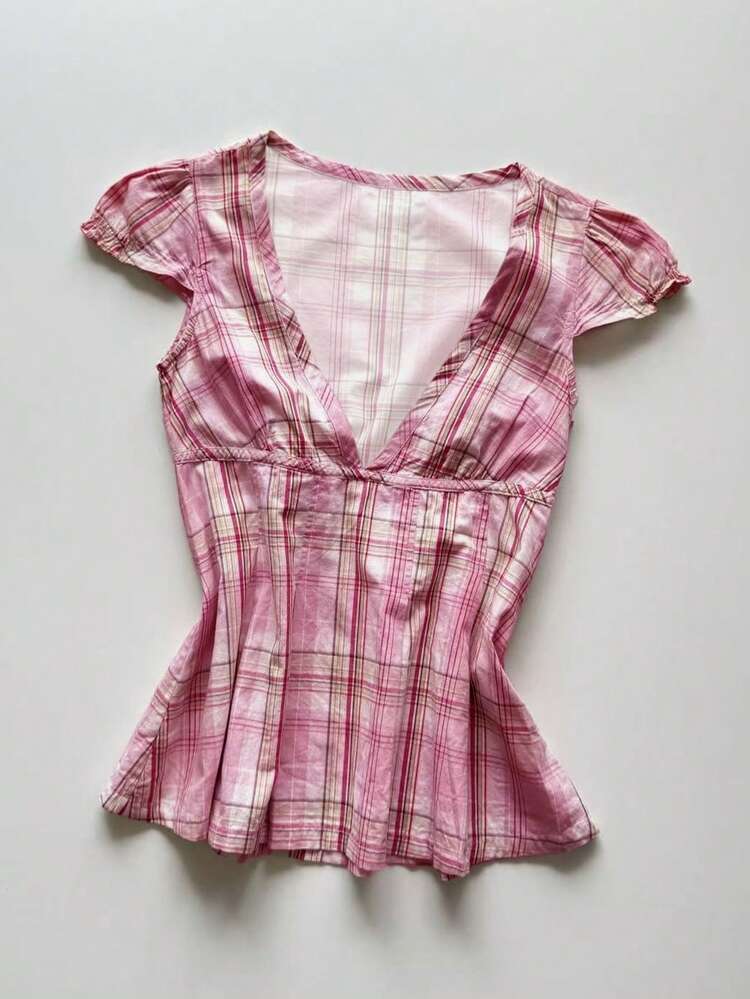 Glimmora Blusa ajustada de cuello en V y mangas cortas con estampado de cuadros para mujeres - Rosa - Añade 1