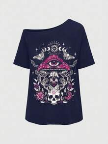 ROMWE Goth Áo thun một vai cỡ lớn in hình nấm, đầu lâu và mắt kiểu rách rưới - Màu xanh hải quân - Xem 1