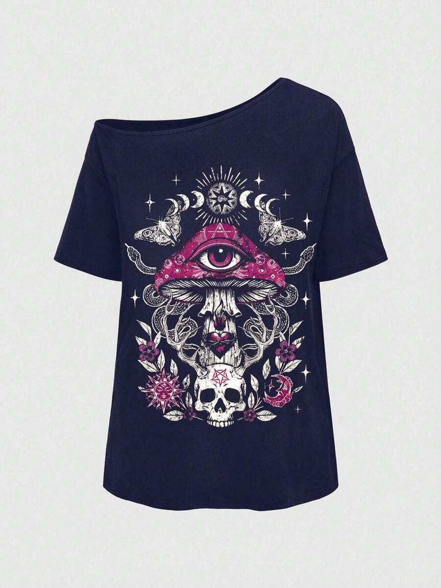 ROMWE Goth Áo thun một vai cỡ lớn in hình nấm, đầu lâu và mắt kiểu rách rưới - Màu xanh hải quân - Xem 1