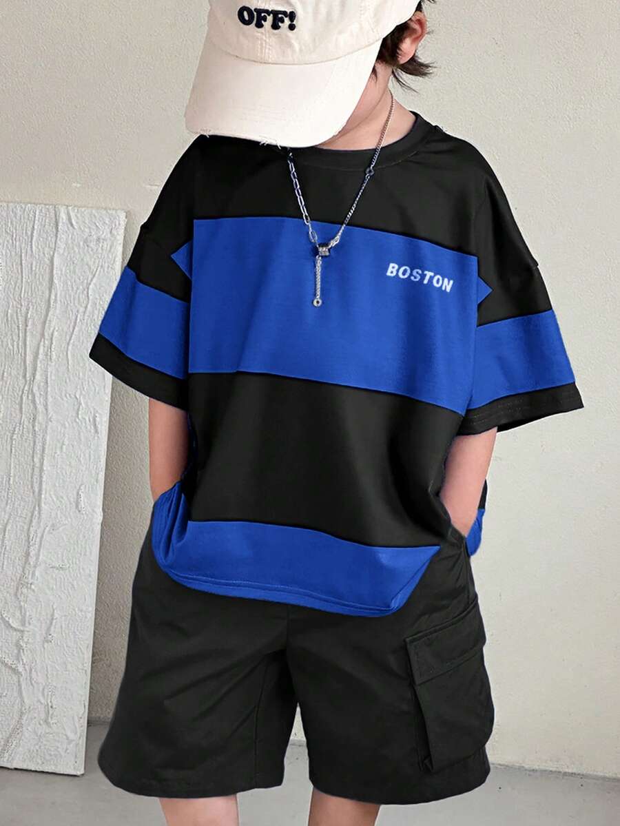 SHEIN 两件套男童时尚休闲百搭舒适套装,包括拼接撞色圆领T恤和宽松工装短裤,适合春夏季节日常穿着、运动、郊游、上学、聚会、度假、拍照等场合。 - 寶藍色 - 查看 1