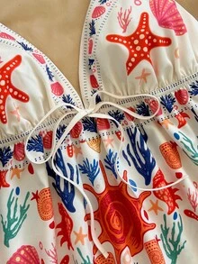 Soleia Women's V-Neck Knotted Design Starfish & Shell Print Casual Versatile Camisole Top - Multicolor - View 4