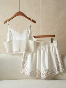 Elaquor Plus Size Women White Summer Boho Plant Print Beaded Camisole Top And Drawstring Waist Shorts 2 Pcs Set,Casual Vacation Holiday Matching Short Outfit - Apricot - View 2