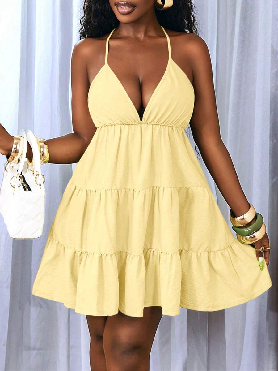 BamGleam Women's Vacation Solid Color Ruffle Hem Sexy Halter Backless Tie Strap Dress - Light Yellow - View 1