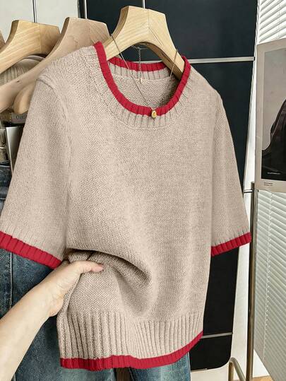 Franclia 女士休闲日常通勤柔软舒适年轻宽松圆领短袖撞色直筒针织套头衫，大码，春夏款