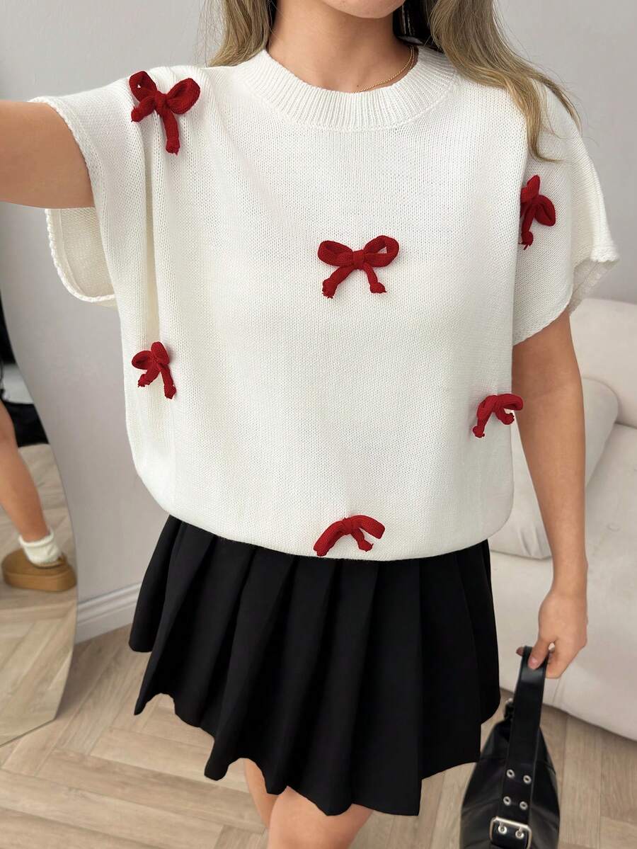 SHEIN Bow-Detail Round Neck Casual Cap Sleeve Knit Top - White - View 1