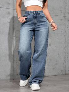 SHEIN 千禧少女休闲浅色水洗高腰宽松直筒牛仔裤，男友风牛仔裤，适合万圣节、秋季、圣诞节、秋季、秋冬季返校季穿着，街头复古风，舒适百搭，适合13-16岁女孩，适合上学、居家和旅行穿着。 - 深色水洗藍 - 查看 3