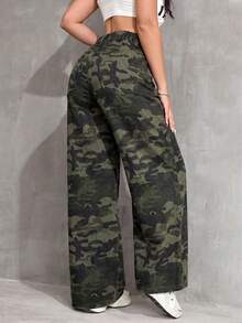 SHEIN 少女复古90年代豹纹宽松口袋高腰休闲牛仔裤，百搭阔腿牛仔裤，Y2K风格，适合教师、返校、教堂等场合，商务休闲女孩，工装牛仔裤连衣裙，秋冬宽松裤，高腰长款阔腿牛仔裤，通体豹纹印花，棕色豹纹阔腿牛仔裤，街头风 - 彩色 - 查看 2