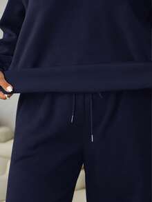 Solflare 女士加大码纯色V领长袖上衣和口袋阔腿裤休闲两件套 - 藏蓝色 - 查看 5