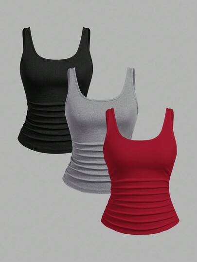 Slaydiva Conjunto com 3 regatas básicas femininas, modelo racerback canelado com decote em U e costas nadador, nas cores preto, branco e cinza, para um visual casual.