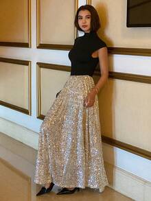 DAZY High Neck Cinched Waist Sequin Embellished Midi Dress For Women Sparkly Dress Sundress - Silver - View 6