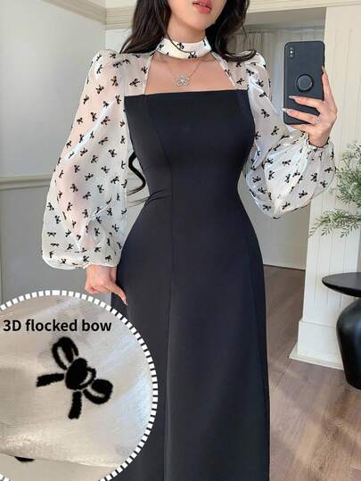 Feyla Elegante midi-jurk voor dames met strikjesprint, patchwork en doorschijnende organza taille, lente/herfst