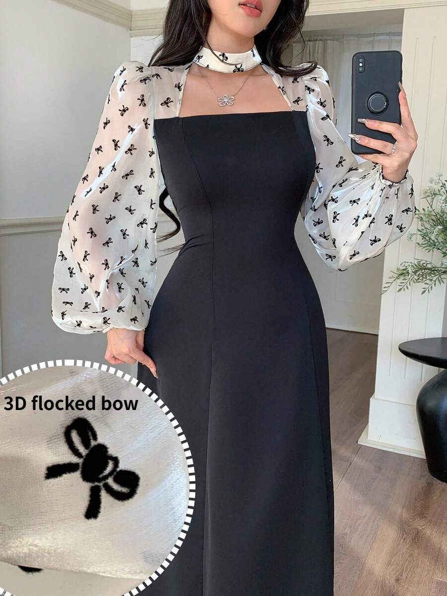 Feyla 女士优雅蝴蝶结印花拼接薄纱腰部中长连衣裙，春秋季