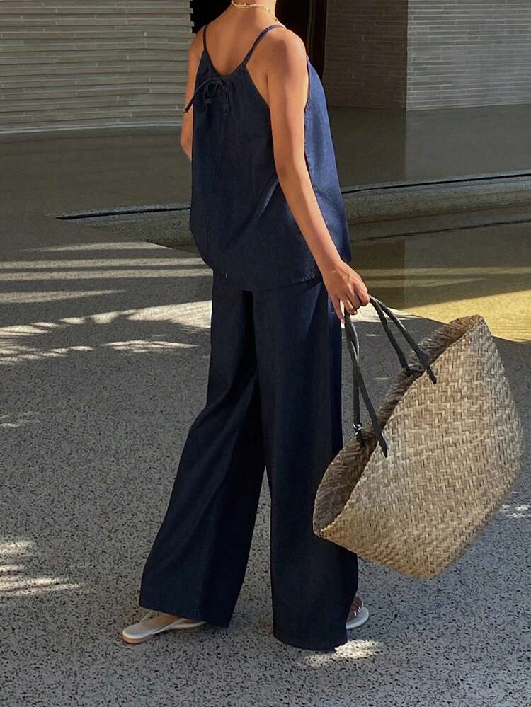 Vintage Denim Jumpsuit For Women, Casual Sleeveless Tank Top And Wide Leg Jeans Set Summer