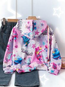 SHEIN Trolls Tween Girl Casual Letter Graphic Sweatshirt, Autumn - Pink - View 2