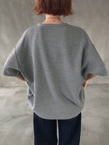 FRIFUL 女士休闲日常通勤简约纯色纹理面料半开襟宽松T恤，夏季 - 灰色 - 查看 2