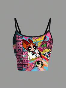 THE POWERPUFF GIRLS X SHEIN Women's Blossom, Bubbles, Buttercup Pattern Fitted Ringer Camisole Top - White - View 1