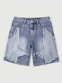 ROMWE MEN Street Life 青少年男孩星形贴片斜插口袋休闲牛仔短裤 - 藍色 - 查看 1