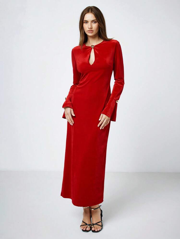 SHEIN Maija Women's Elegant Solid Color Hollow-Out Long Dress For Commuting Red Elegant Dress Women Long Sleeve Long Dress Cut Out Maxi Dress Red Curve Dress Red Dress  St Patrick's Day Women Easter Summer Outfits Easter Dress Women Party Top Beach Dress Summer Holiday Outfits Each Vacation Outfits For Women  Summer Outfit For Women Going Out Outfits Graduation Graduation Outfit  Casual Dresses  Casual Blouses For Women