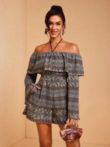 JIAN LASALA All-Over Print Woven Off-Shoulder Ruffled Neckline Flared Sleeves Halter Loose Romper Jumpsuits - Multicolor - View 7