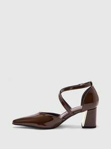 CUCCOO BIZCHIC Giày nữ mũi nhọn, đế dày, gót trung bình, màu nâu bóng, quai chéo, khoét lỗ, giày cao gót nữ thời trang, thoải mái, phù hợp đi làm, công sở, đa năng, giày khoét lỗ nữ cho ngày Valentine - Màu cà phê - Xem 10