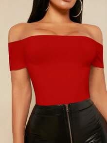 SHEIN SXY Body negro de mujer con hombros descubiertos - Rojo - Ver 4