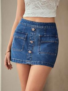 Selenza Elegant Casual Versatile Gold Flower Decor Women Denim Mini Skirt - Medium Wash - View 7
