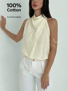 Aloruh Elegant Off-White Wrap-Neck Top,Asymmetrical Ruffle Trim Sleeveless Summer Tops For Women,Effortless Chic Casual Top For Brunch&Vacations - Apricot - View 6