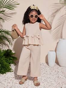 少女休闲度假风纹理圆领吊带背心配蝴蝶结和直筒裤套装 - 杏色 - 查看 5