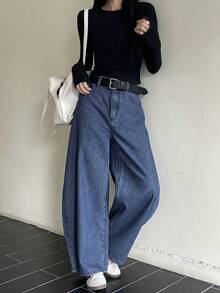 DAZY Women's Striped Pocket Wide Leg Loose Casual Jeans - Blue - View 3