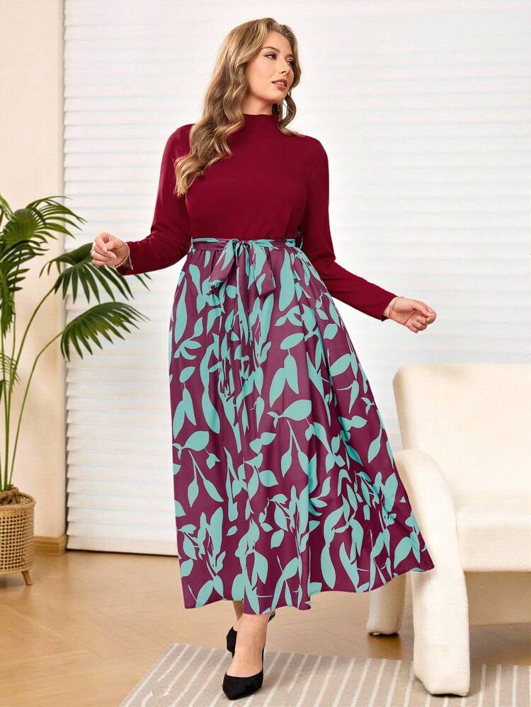 Plus Size Women's Summer  Casual Vacation Mandarin Collar Color Block Twist Waist Casual Midi Dress, Long Sleeve,Flower Print Dress,Early Spring,Spring Break Outfits ,Vacation Outfits Women ,Holiday Outfits For Women,Spring Dress Women,Going Out Outfits,2026 New Clothes,Simple And Fashionable For Everyday Wear, Long Sleeve Maxi Dress Women, Casual Long Dress, Plus Long Dress