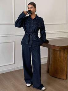 Dazy Tall Women Tall Size Lapel Cardigan With Belt Decor And Straight Leg Casual Denim Pants Set - Dark Wash - View 5