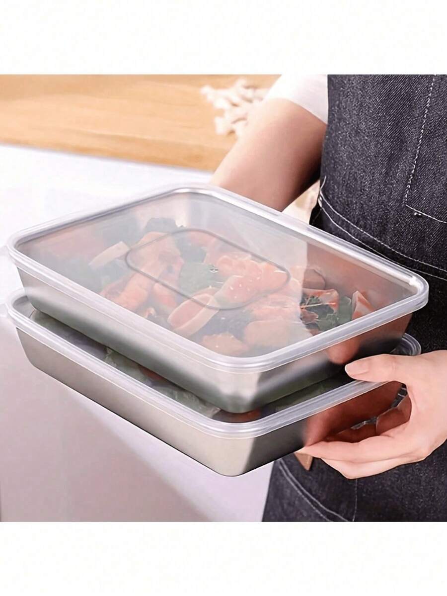 3pcs 10in Covered Stainless Steel Baking Tray, Food Storage Set - Square, Manually Covered, Hand Washed - Suitable For Meal Preparation And Outdoor Picnics