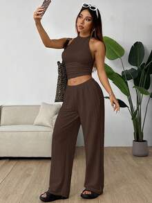 SHEIN EZwear Women's Solid Color Cropped Halter Neck Tank Top And Wide Leg Pants Casual Suit Tall Two Piece Set Brown Ribbed Comfortable - Brown - View 5