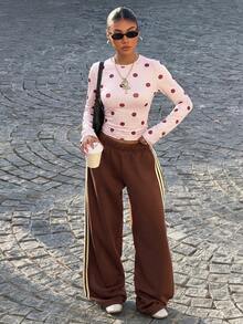 Muchica Polka Dot Print Crew Neck Fitted Women Long Sleeve T-Shirt - Pink - View 6